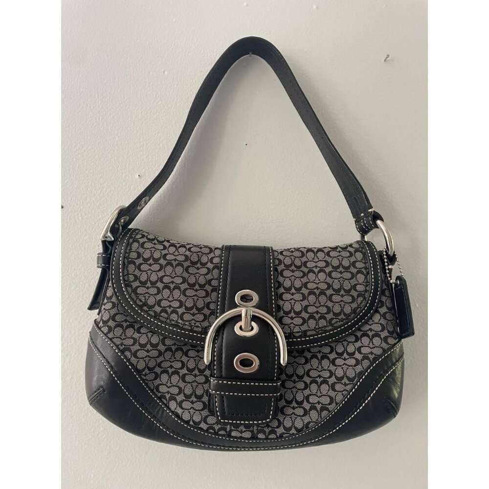Coach F10925 SMALL Vintage Soho Black Leather & Signature C Canvas Shoulder Bag